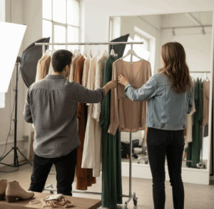 Photographer helping make wardrobe selections